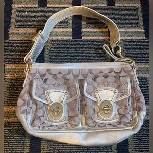 Coach Signature Legacy Shoulder Bag Khaki Jacquard Gold Leather Trim F12869 EUC